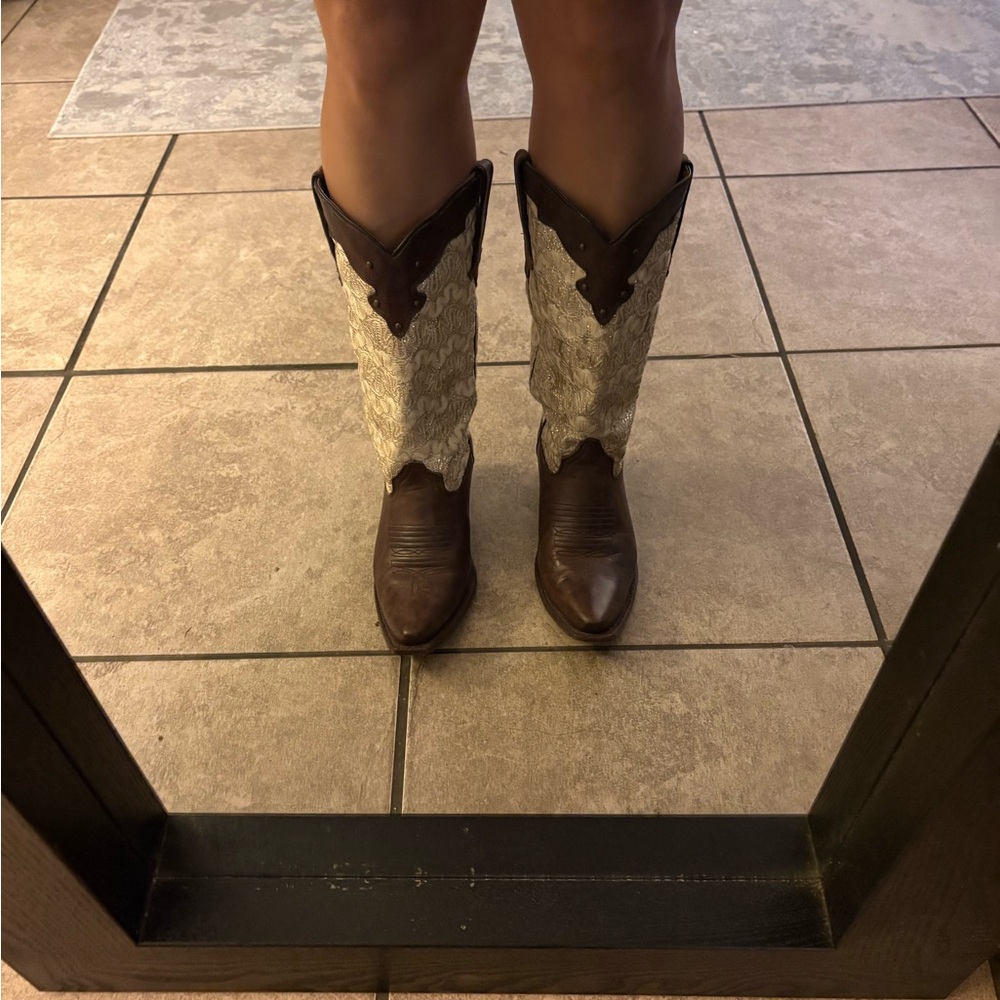 Elegant Brown and Cream Heeled Boots